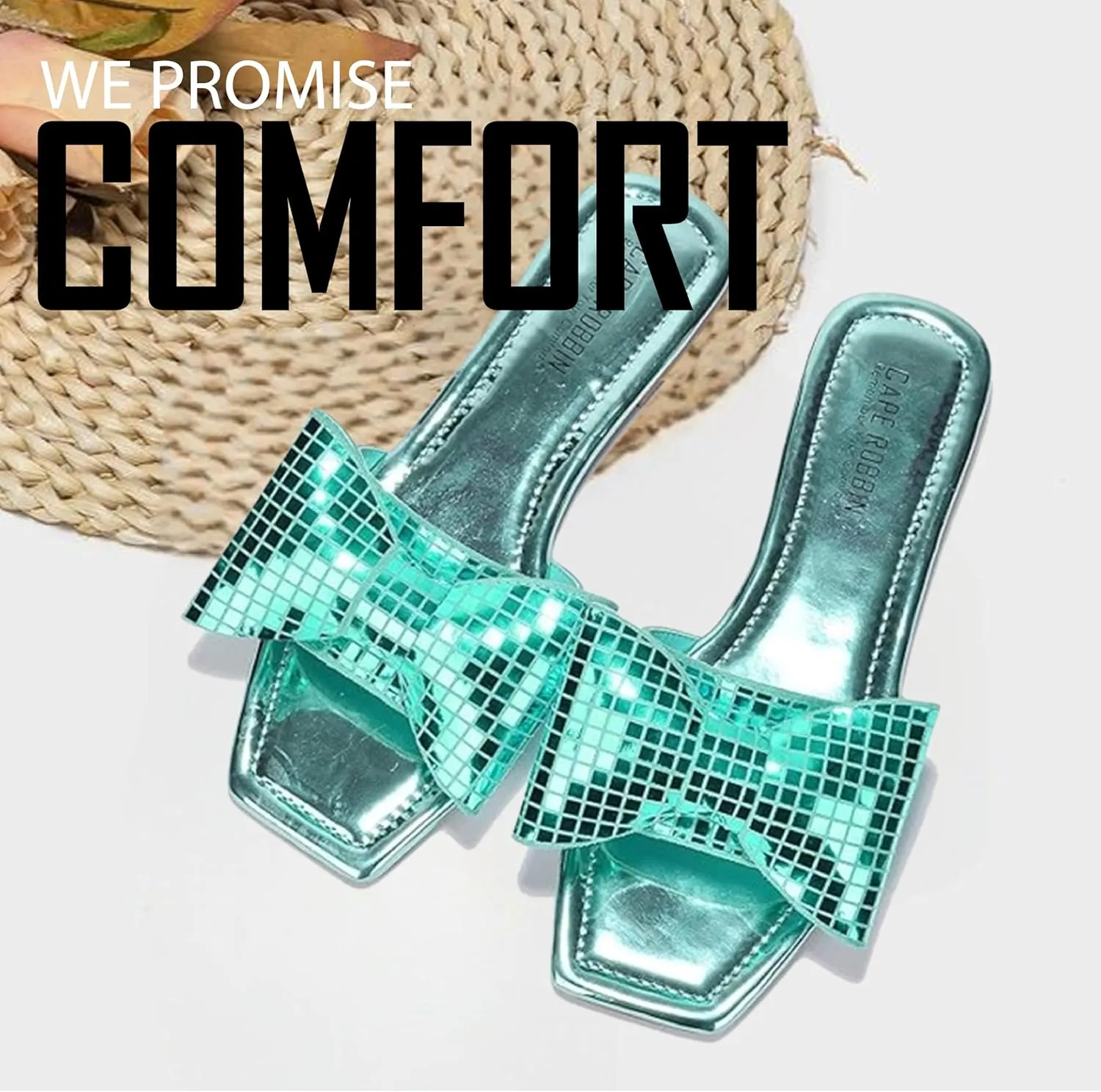 Cape Robbin Women's Slip-On Flat Sandals - Square Toe Disco Ball Metallic Design with Bow Tie - Summer Dressy Sandals (Botania)