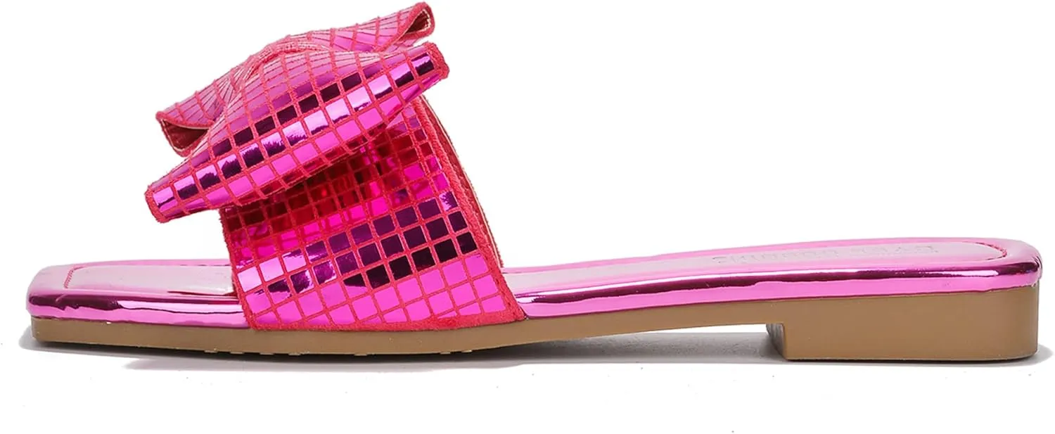 Cape Robbin Women's Slip-On Flat Sandals - Square Toe Disco Ball Metallic Design with Bow Tie - Summer Dressy Sandals (Botania)