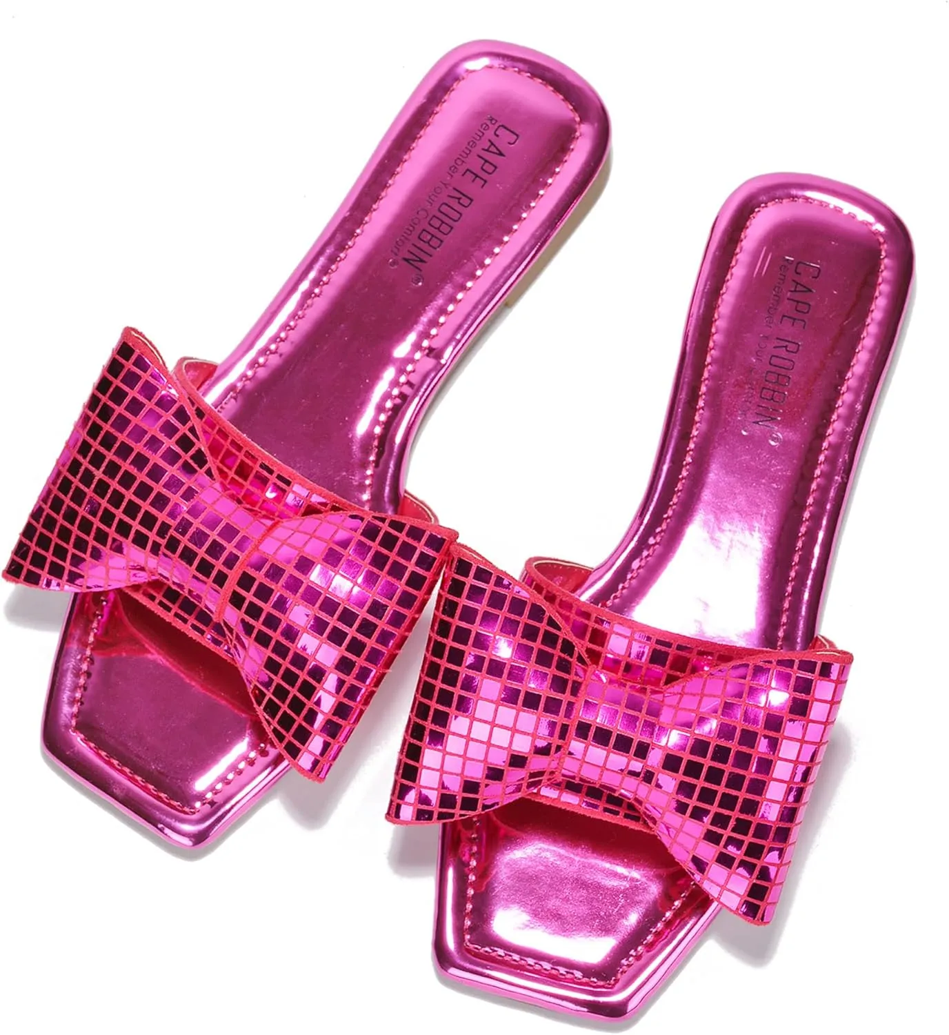 Cape Robbin Women's Slip-On Flat Sandals - Square Toe Disco Ball Metallic Design with Bow Tie - Summer Dressy Sandals (Botania)