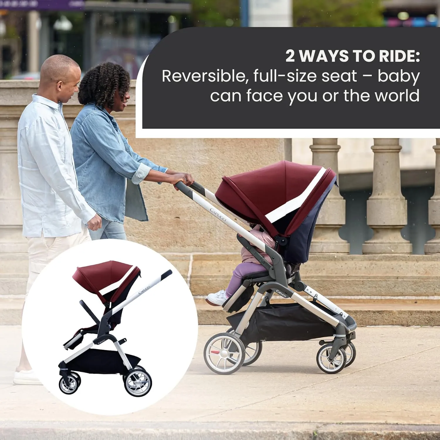 Capucci Velos Stroller - Premium Modular & Comfort, Self Standing with One Hand Auto Fold, Versatile Seat Options Baby Stroller w/Car Seat Adapter and Ample Storage, Brick Red