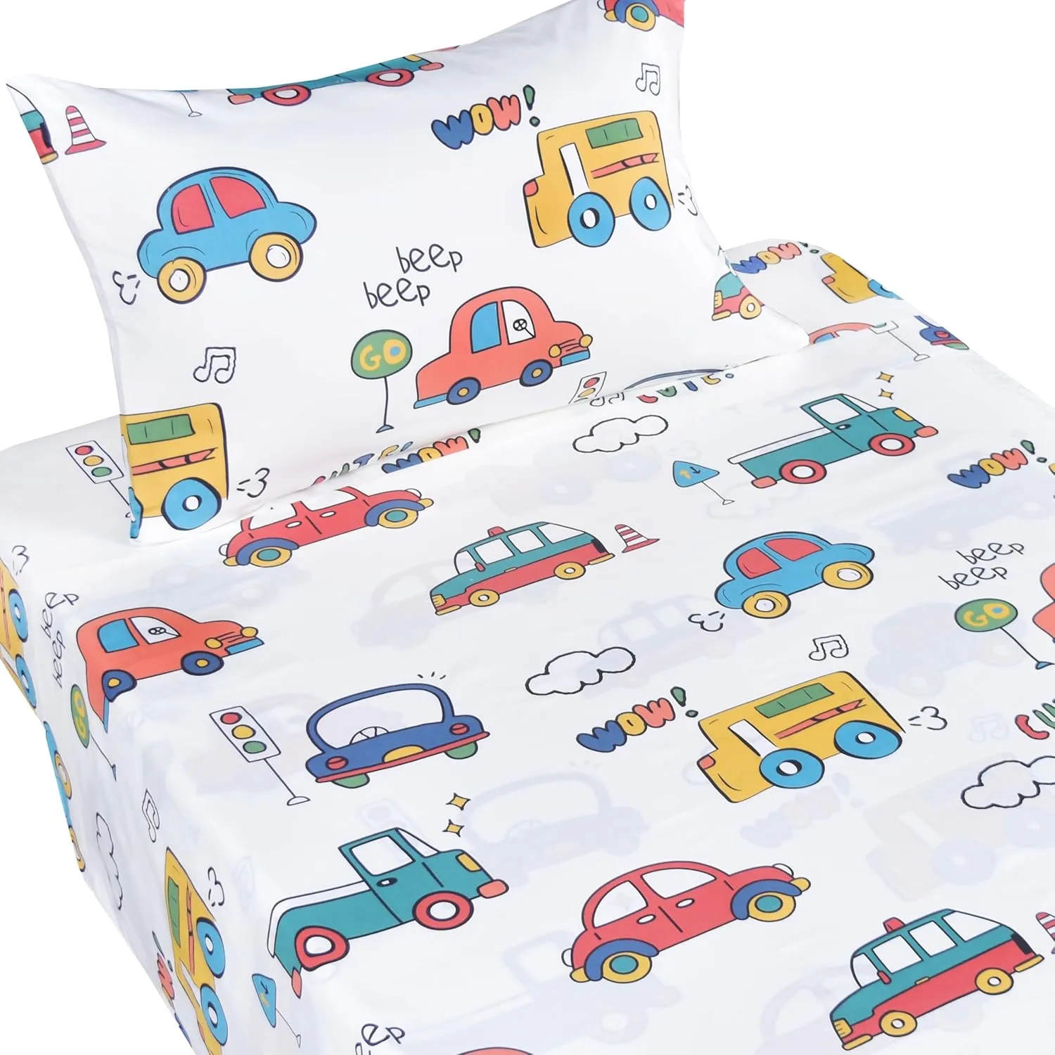 Cars Buses Trucks Transport Vehicle Cute Twin 100% Cotton 3 Pieces Sheet Set for Kids Girls Children, Flat Sheet   Fitted Sheet   Pillowcase Bedding Decoration Gift Set