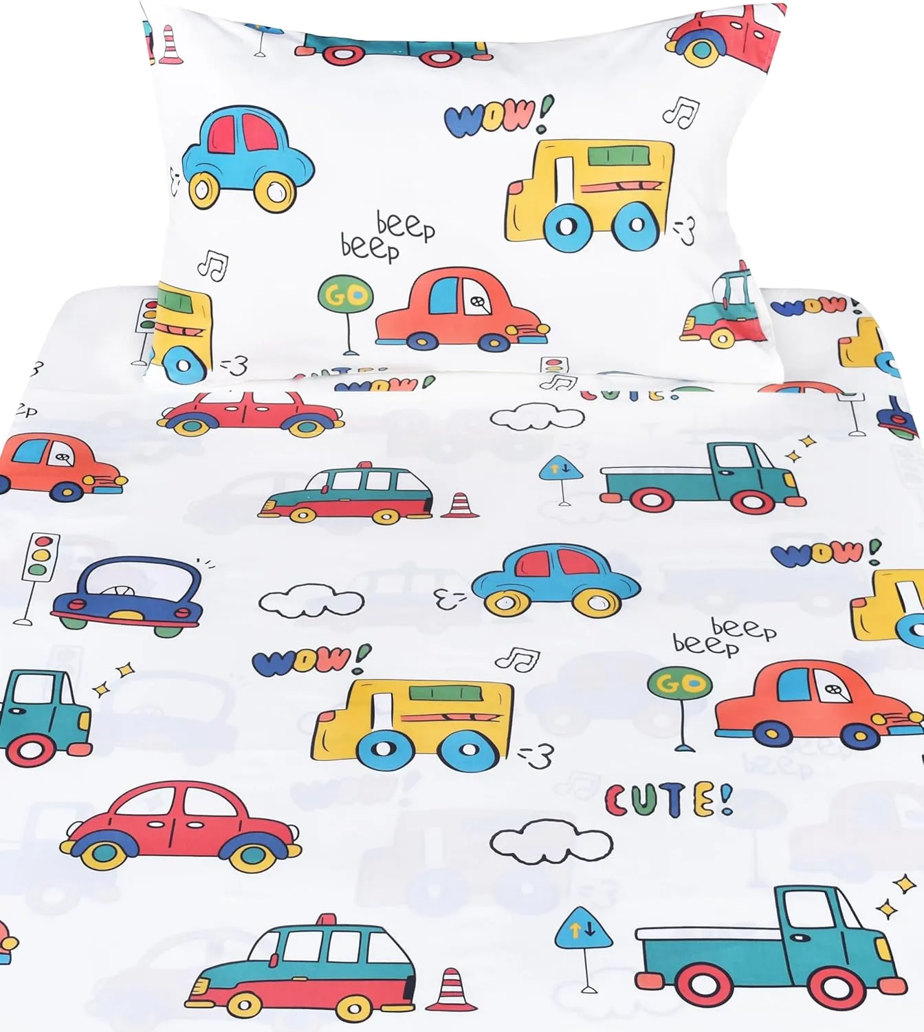 Cars Buses Trucks Transport Vehicle Cute Twin 100% Cotton 3 Pieces Sheet Set for Kids Girls Children, Flat Sheet   Fitted Sheet   Pillowcase Bedding Decoration Gift Set