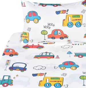 Cars Buses Trucks Transport Vehicle Cute Twin 100% Cotton 3 Pieces Sheet Set for Kids Girls Children, Flat Sheet   Fitted Sheet   Pillowcase Bedding Decoration Gift Set