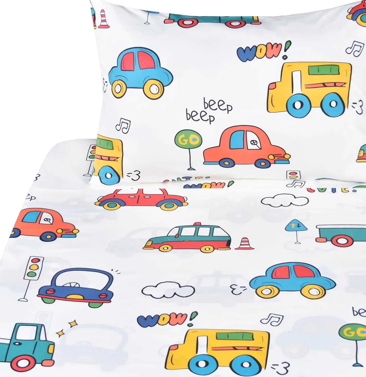 Cars Buses Trucks Transport Vehicle Cute Twin 100% Cotton 3 Pieces Sheet Set for Kids Girls Children, Flat Sheet   Fitted Sheet   Pillowcase Bedding Decoration Gift Set