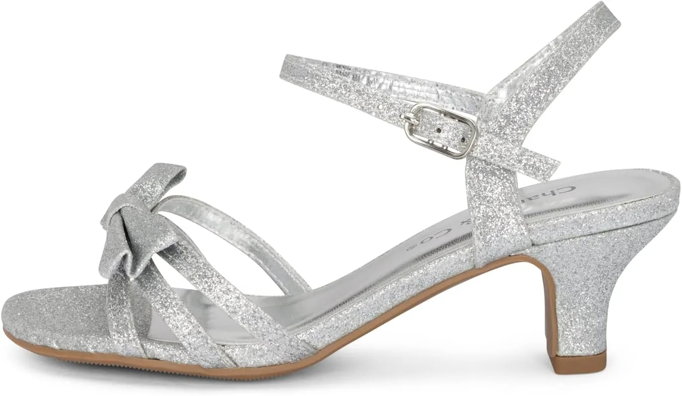 Chariot & Co - Time-IIS - Girls/Kids/Childrens Open Toe Bow Ankle Sling Back Glitter 2" Kitten Block Heel Sandal Pumps