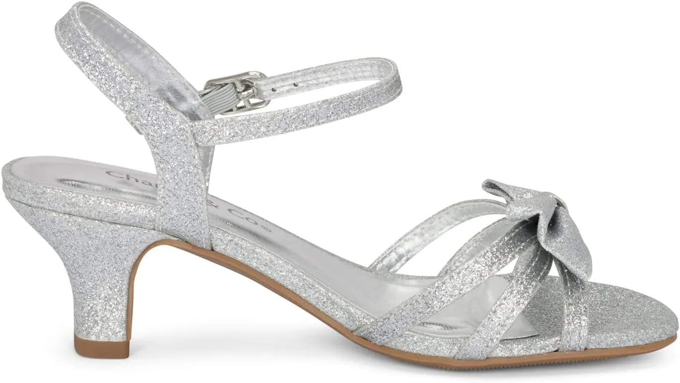 Chariot & Co - Time-IIS - Girls/Kids/Childrens Open Toe Bow Ankle Sling Back Glitter 2" Kitten Block Heel Sandal Pumps
