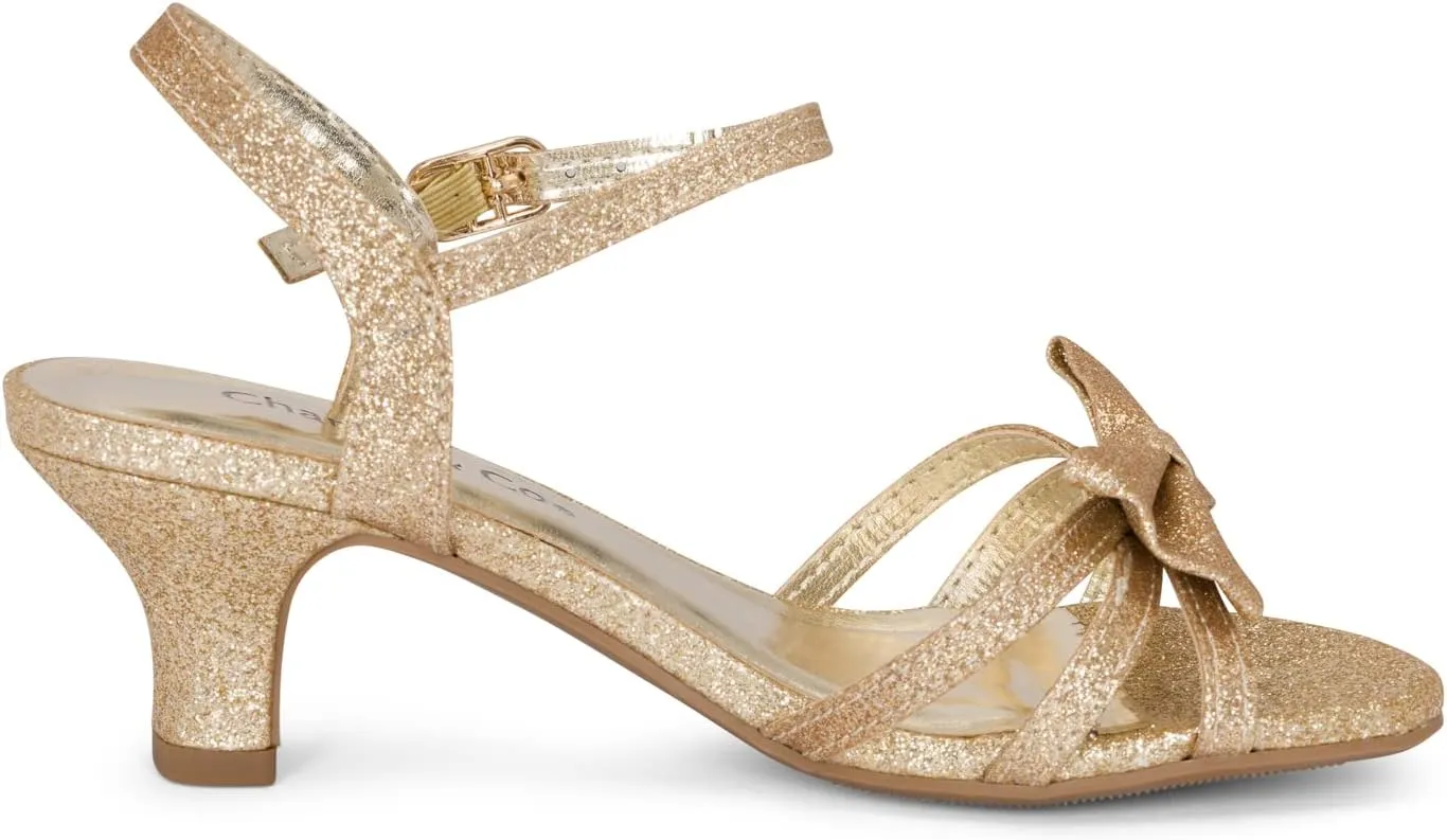Chariot & Co - Time-IIS - Girls/Kids/Childrens Open Toe Bow Ankle Sling Back Glitter 2" Kitten Block Heel Sandal Pumps