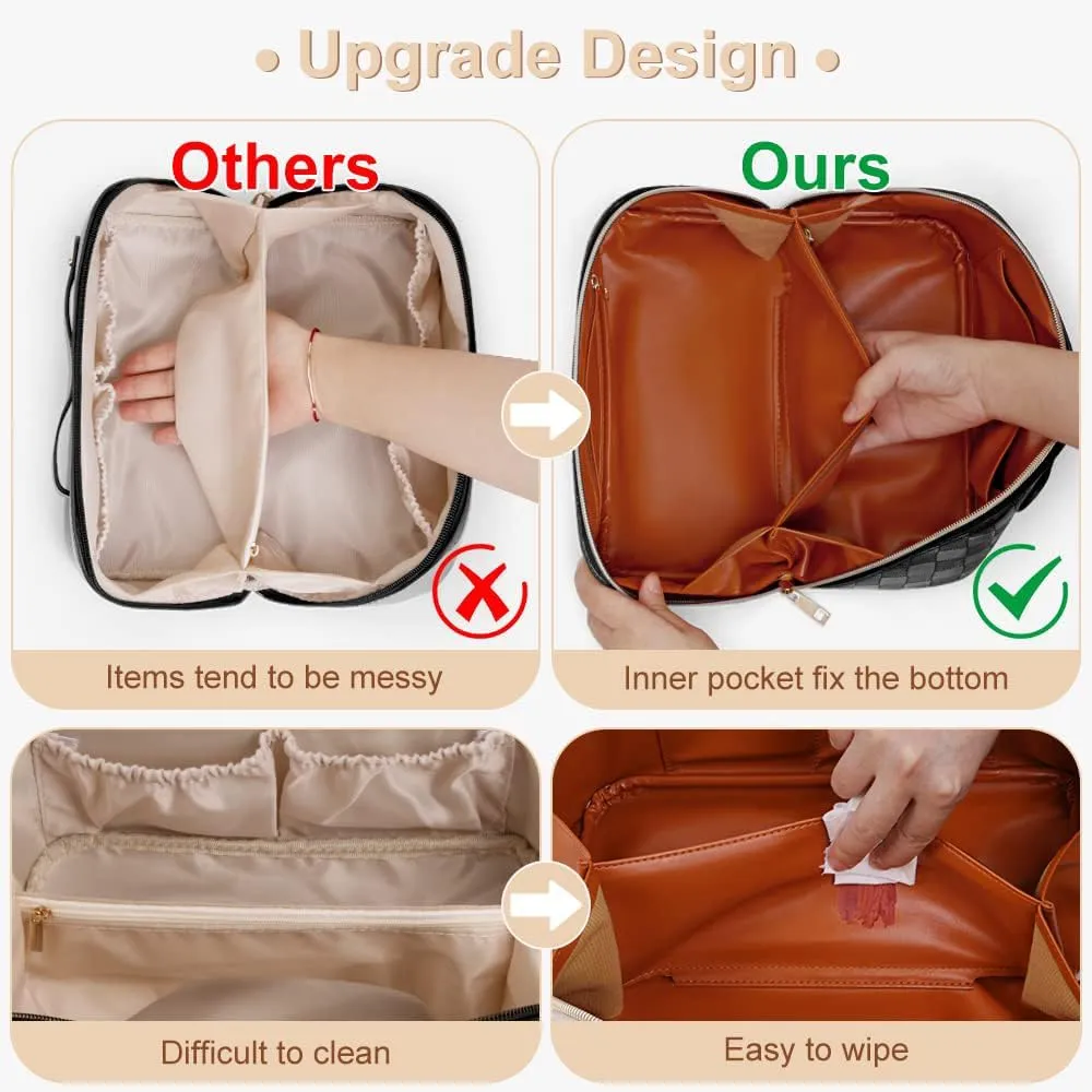 Checkered Travel Makeup Bags Cosmetic Organizer Bag: 2-Set Large Capacity Waterproof Makeup Bag - PU Leather Toiletry Bag for Women - Wide Open Portable Pouch with Handle and Divider (BROWN)