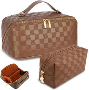 Checkered Travel Makeup Bags Cosmetic Organizer Bag: 2-Set Large Capacity Waterproof Makeup Bag - PU Leather Toiletry Bag for Women - Wide Open Portable Pouch with Handle and Divider (BROWN)