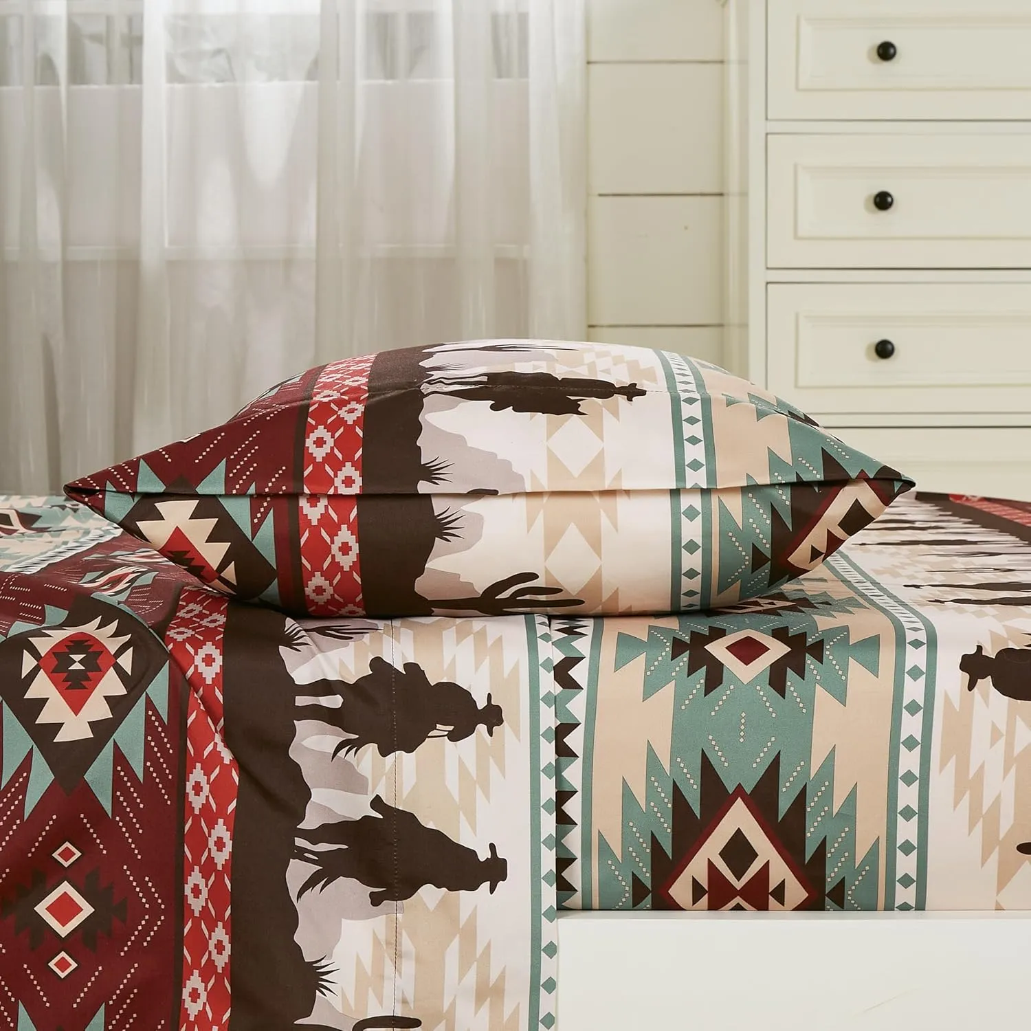 Chezmoi Collection 4-Piece Southwestern Cowboys Aztec Sheet Set Full - Multicolor Teal Brown Beige Tan Red Printed Brushed Microfiber Lightweight Breathable Deep Pocket Bed Sheets