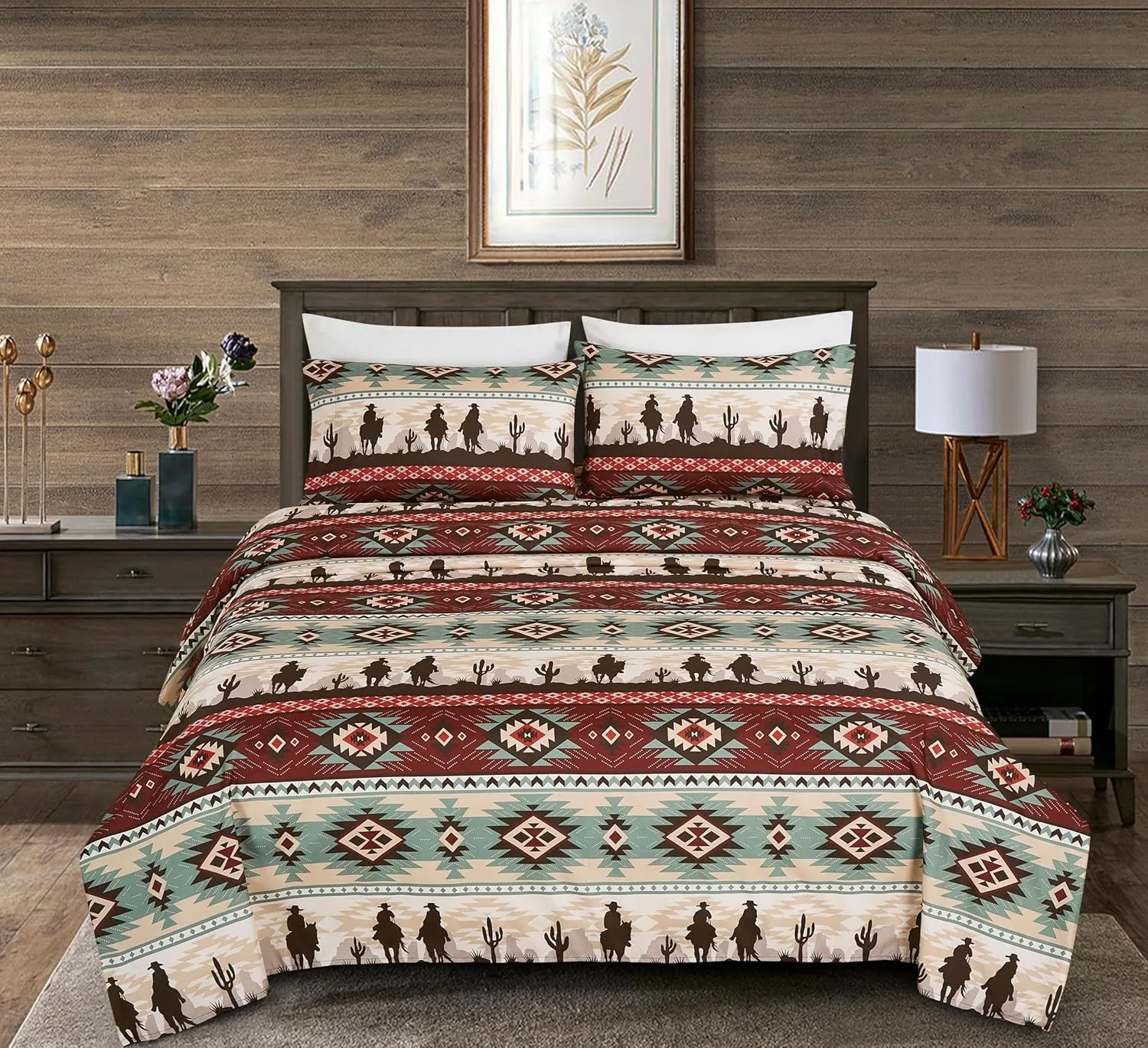 Chezmoi Collection 4-Piece Southwestern Cowboys Aztec Sheet Set Full - Multicolor Teal Brown Beige Tan Red Printed Brushed Microfiber Lightweight Breathable Deep Pocket Bed Sheets