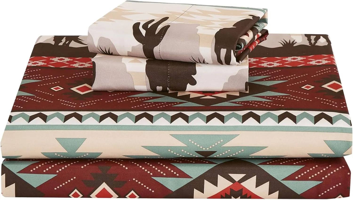 Chezmoi Collection 4-Piece Southwestern Cowboys Aztec Sheet Set Full - Multicolor Teal Brown Beige Tan Red Printed Brushed Microfiber Lightweight Breathable Deep Pocket Bed Sheets