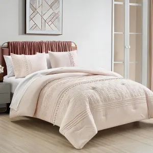 Chezmoi Collection Athena King Bed in a Bag 7-Pieces Floral Chenille Embroidered Pom Pom Stripe Comforter Set with Sheets All Season Bedding Set, King, Blush Pink