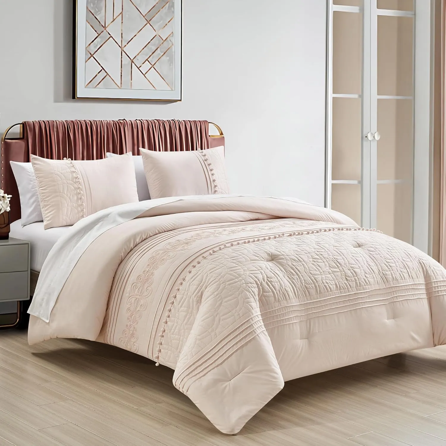Chezmoi Collection Athena King Bed in a Bag 7-Pieces Floral Chenille Embroidered Pom Pom Stripe Comforter Set with Sheets All Season Bedding Set, King, Blush Pink