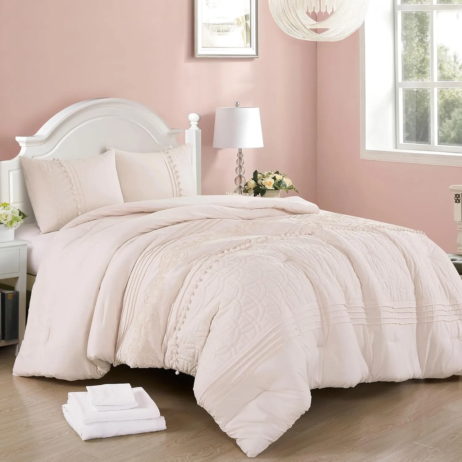 Chezmoi Collection Athena King Bed in a Bag 7-Pieces Floral Chenille Embroidered Pom Pom Stripe Comforter Set with Sheets All Season Bedding Set, King, Blush Pink