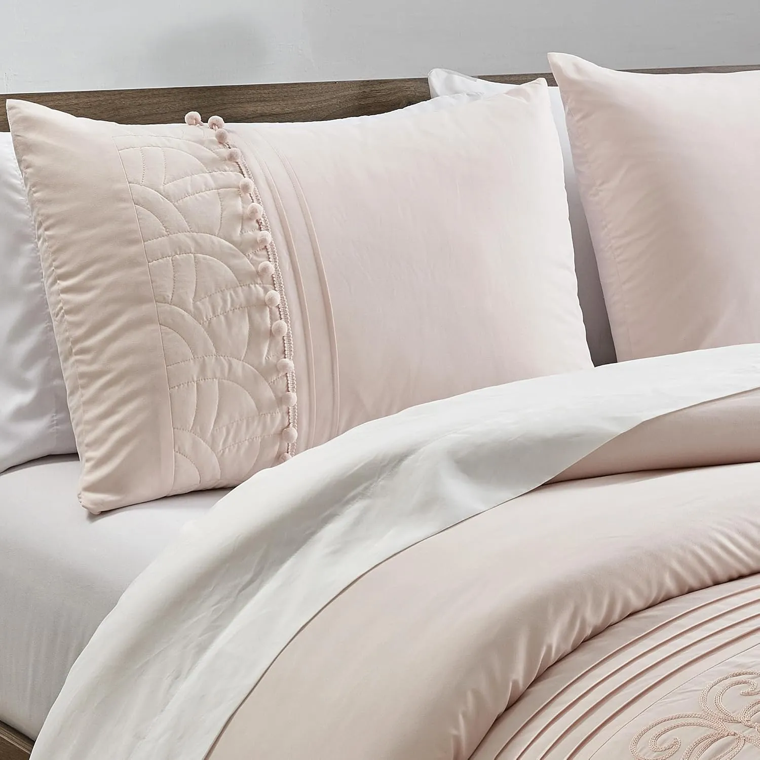 Chezmoi Collection Athena King Bed in a Bag 7-Pieces Floral Chenille Embroidered Pom Pom Stripe Comforter Set with Sheets All Season Bedding Set, King, Blush Pink
