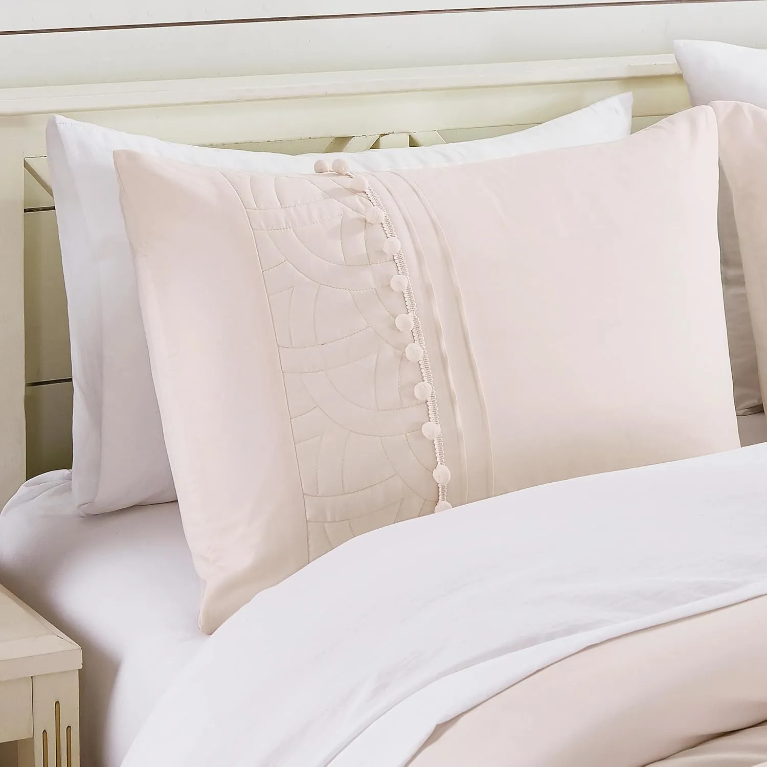 Chezmoi Collection Athena King Bed in a Bag 7-Pieces Floral Chenille Embroidered Pom Pom Stripe Comforter Set with Sheets All Season Bedding Set, King, Blush Pink