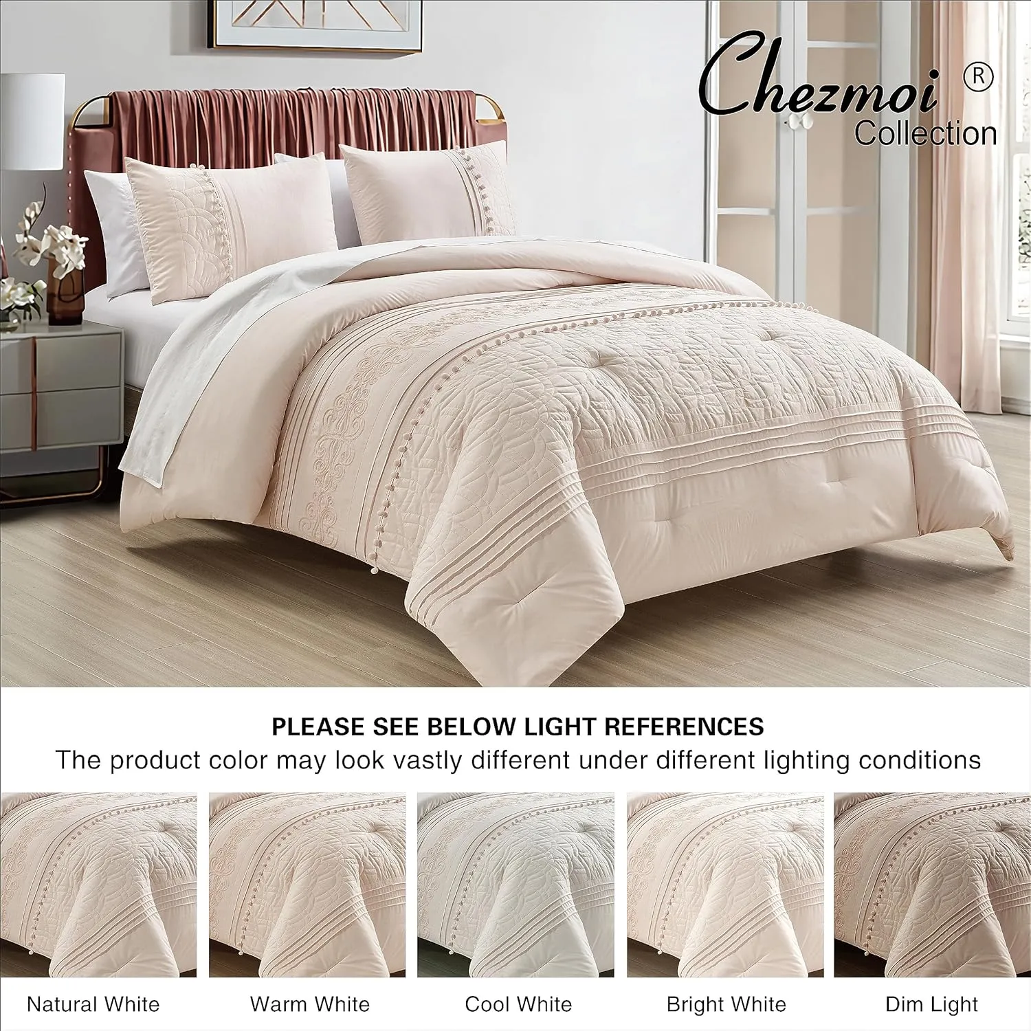 Chezmoi Collection Athena King Bed in a Bag 7-Pieces Floral Chenille Embroidered Pom Pom Stripe Comforter Set with Sheets All Season Bedding Set, King, Blush Pink