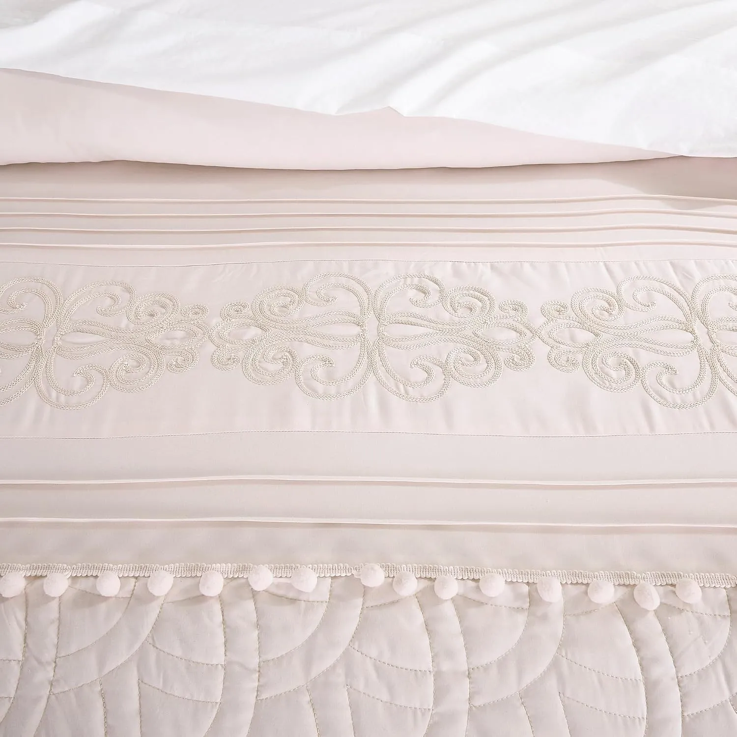 Chezmoi Collection Athena King Bed in a Bag 7-Pieces Floral Chenille Embroidered Pom Pom Stripe Comforter Set with Sheets All Season Bedding Set, King, Blush Pink