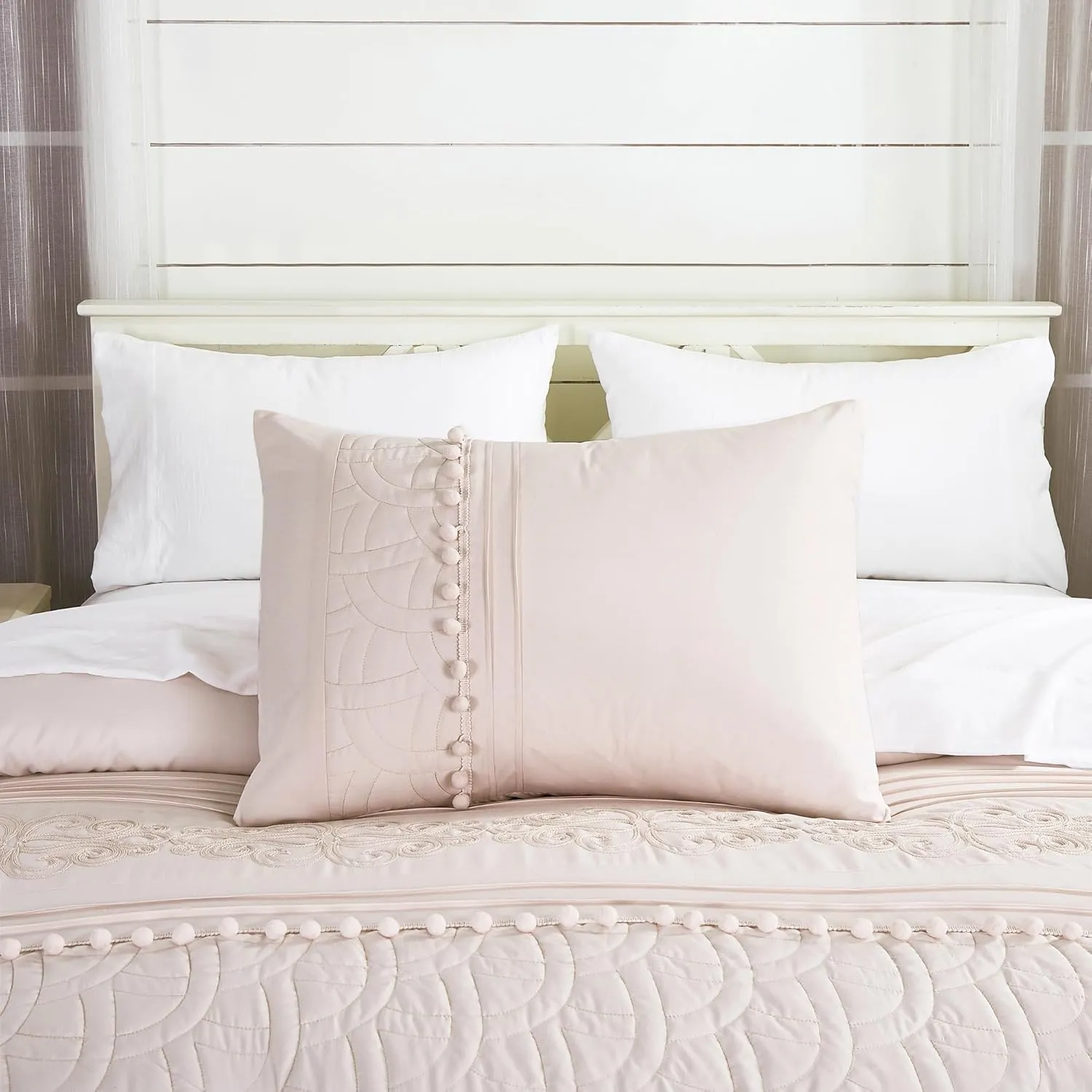 Chezmoi Collection Athena King Bed in a Bag 7-Pieces Floral Chenille Embroidered Pom Pom Stripe Comforter Set with Sheets All Season Bedding Set, King, Blush Pink