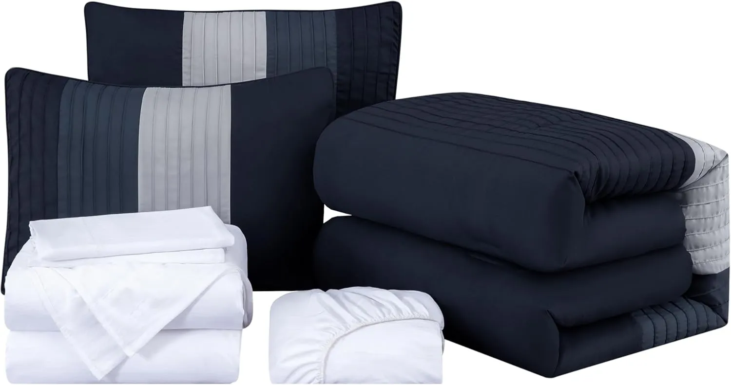 Chezmoi Collection Briar 7-Piece Full Bed in a Bag - All Season Lightweight Microfiber Comforter Set - Includes Sheets & Shams - Navy/Blue/Gray Pleated Stripe Design