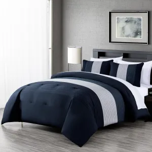 Chezmoi Collection Briar 7-Piece Full Bed in a Bag - All Season Lightweight Microfiber Comforter Set - Includes Sheets & Shams - Navy/Blue/Gray Pleated Stripe Design