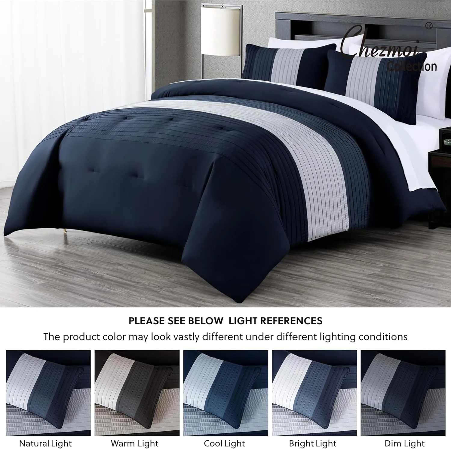 Chezmoi Collection Briar 7-Piece Full Bed in a Bag - All Season Lightweight Microfiber Comforter Set - Includes Sheets & Shams - Navy/Blue/Gray Pleated Stripe Design