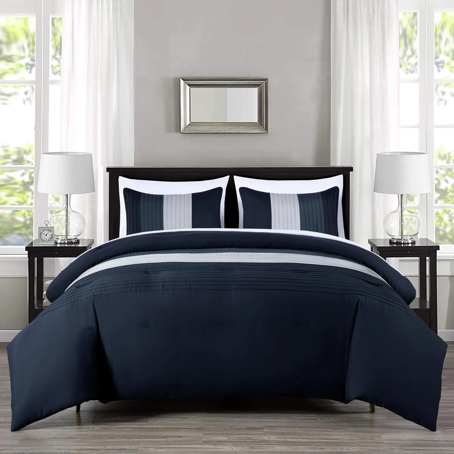 Chezmoi Collection Briar 7-Piece Full Bed in a Bag - All Season Lightweight Microfiber Comforter Set - Includes Sheets & Shams - Navy/Blue/Gray Pleated Stripe Design