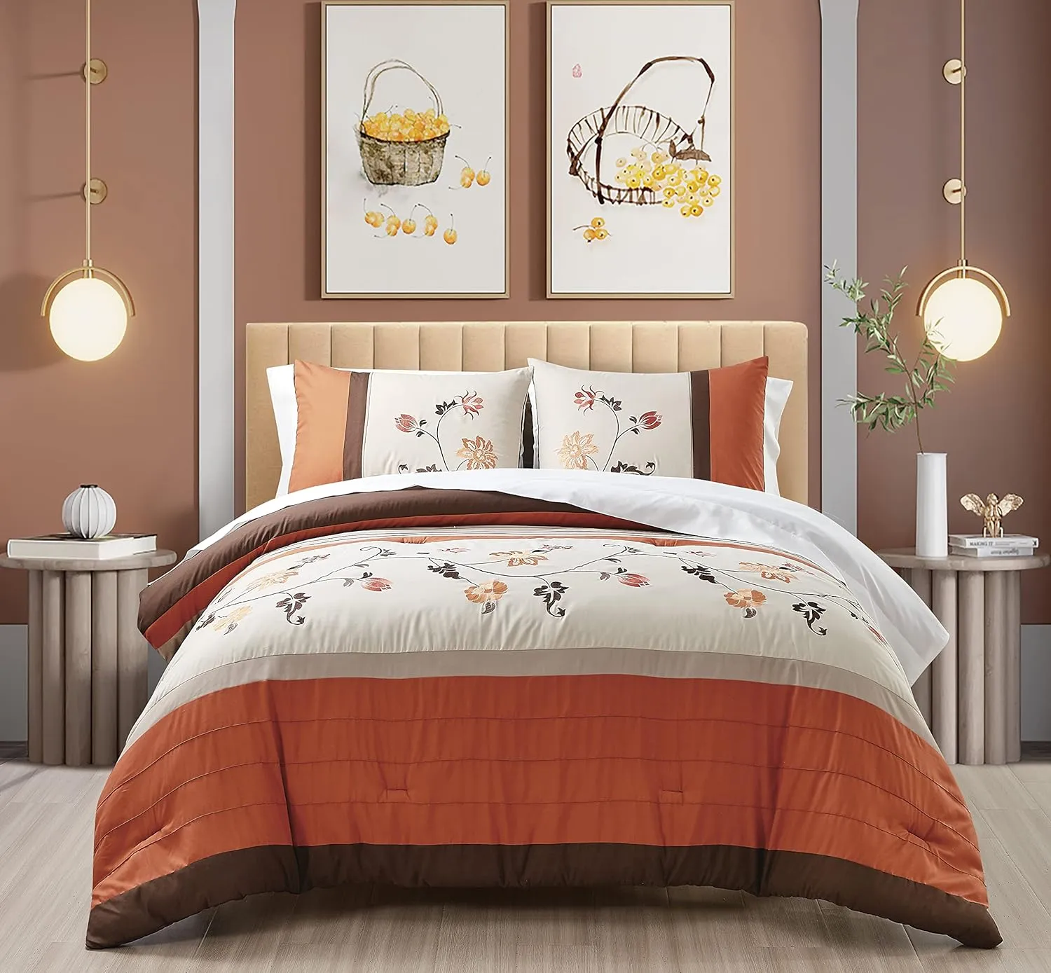 Chezmoi Collection Daphne Bed in a Bag Queen 7-Piece Comforter Set with Sheets Luxury Autumn Floral Embroidery Orange/Brown/Taupe