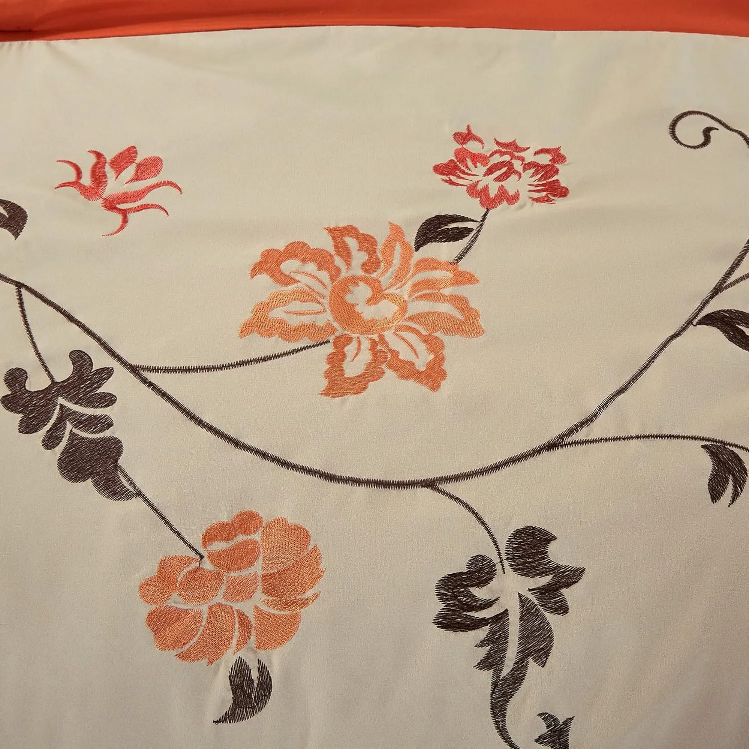 Chezmoi Collection Daphne Bed in a Bag Queen 7-Piece Comforter Set with Sheets Luxury Autumn Floral Embroidery Orange/Brown/Taupe