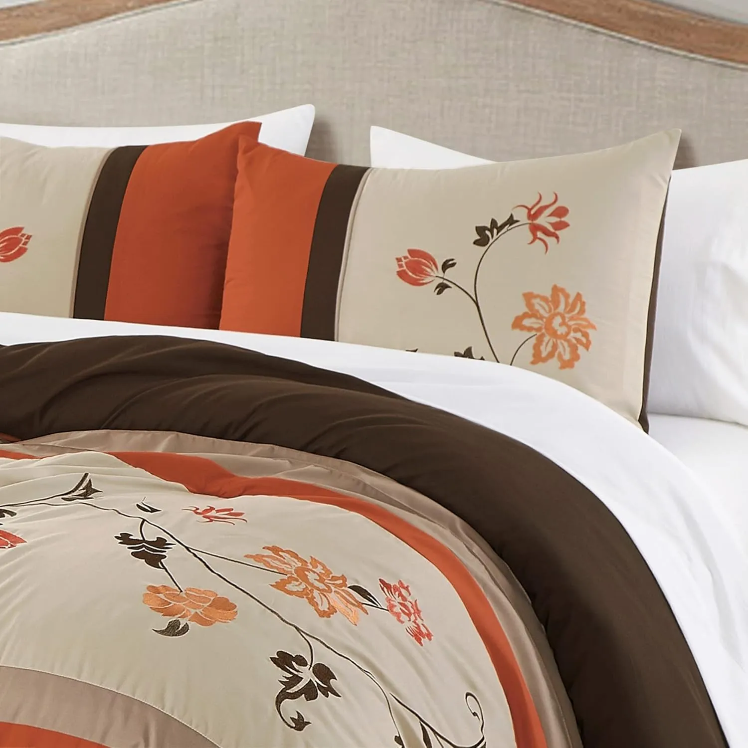 Chezmoi Collection Daphne Bed in a Bag Queen 7-Piece Comforter Set with Sheets Luxury Autumn Floral Embroidery Orange/Brown/Taupe