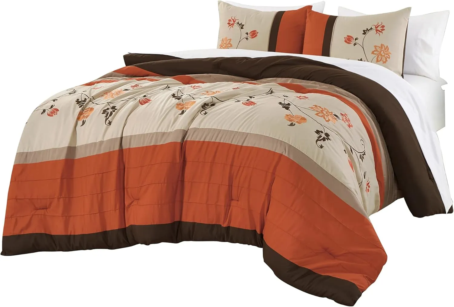 Chezmoi Collection Daphne Bed in a Bag Queen 7-Piece Comforter Set with Sheets Luxury Autumn Floral Embroidery Orange/Brown/Taupe