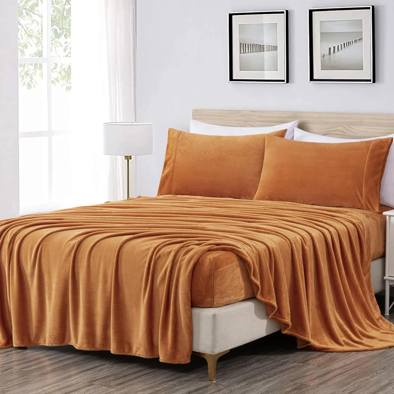 Chezmoi Collection Extra Soft Fleece Sheet Set California King, Microplush Non-Pilling Velvety Bed Sheet, Deep Pocket - Lightweight All Season Warmth, California King, Marigold