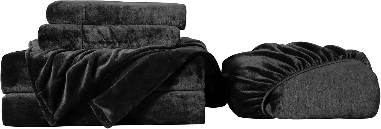 Chezmoi Collection Extra Soft Fleece Sheet Set Queen, Microplush Non-Pilling Velvety Bed Sheet, Deep Pocket - Lightweight All Season Warmth, Queen, Black
