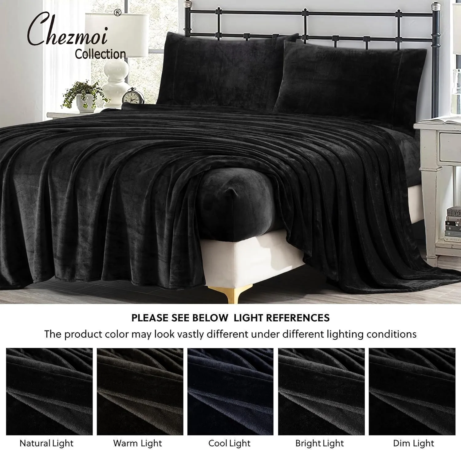 Chezmoi Collection Extra Soft Fleece Sheet Set Queen, Microplush Non-Pilling Velvety Bed Sheet, Deep Pocket - Lightweight All Season Warmth, Queen, Black
