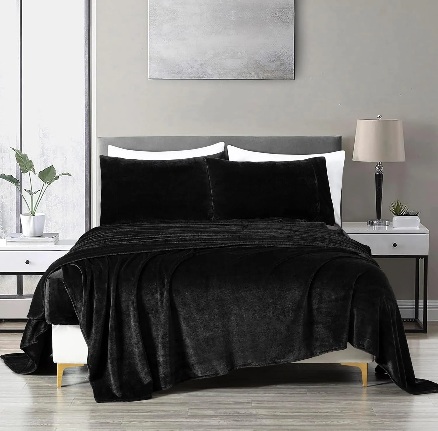 Chezmoi Collection Extra Soft Fleece Sheet Set Queen, Microplush Non-Pilling Velvety Bed Sheet, Deep Pocket - Lightweight All Season Warmth, Queen, Black