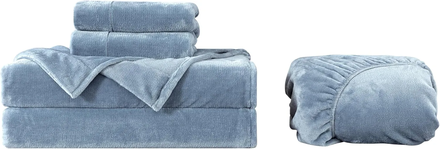 Chezmoi Collection Extra Soft Fleece Sheet Set Queen, Microplush Non-Pilling Velvety Bed Sheet, Deep Pocket - Lightweight All Season Warmth, Queen, Cool Blue