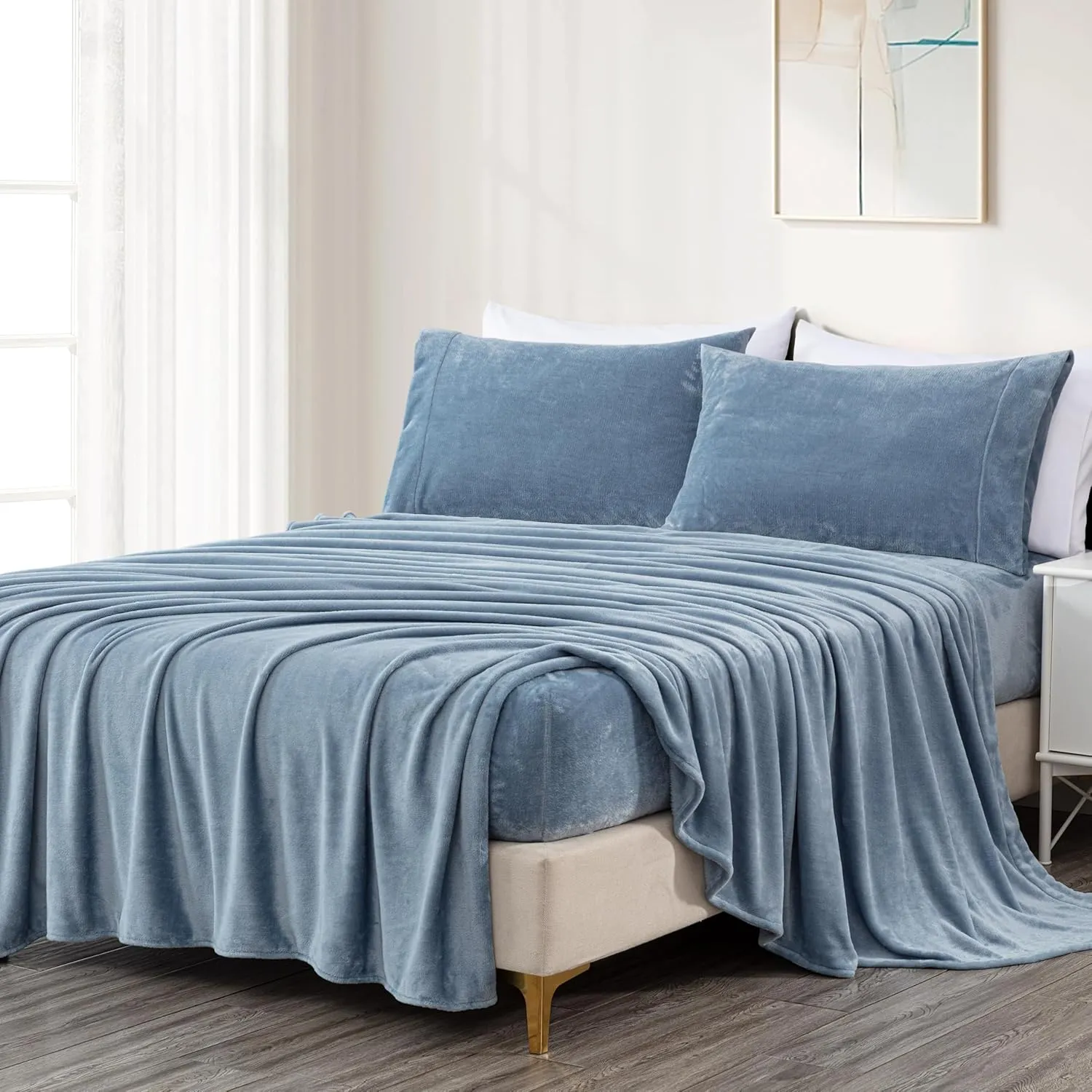Chezmoi Collection Extra Soft Fleece Sheet Set Queen, Microplush Non-Pilling Velvety Bed Sheet, Deep Pocket - Lightweight All Season Warmth, Queen, Cool Blue