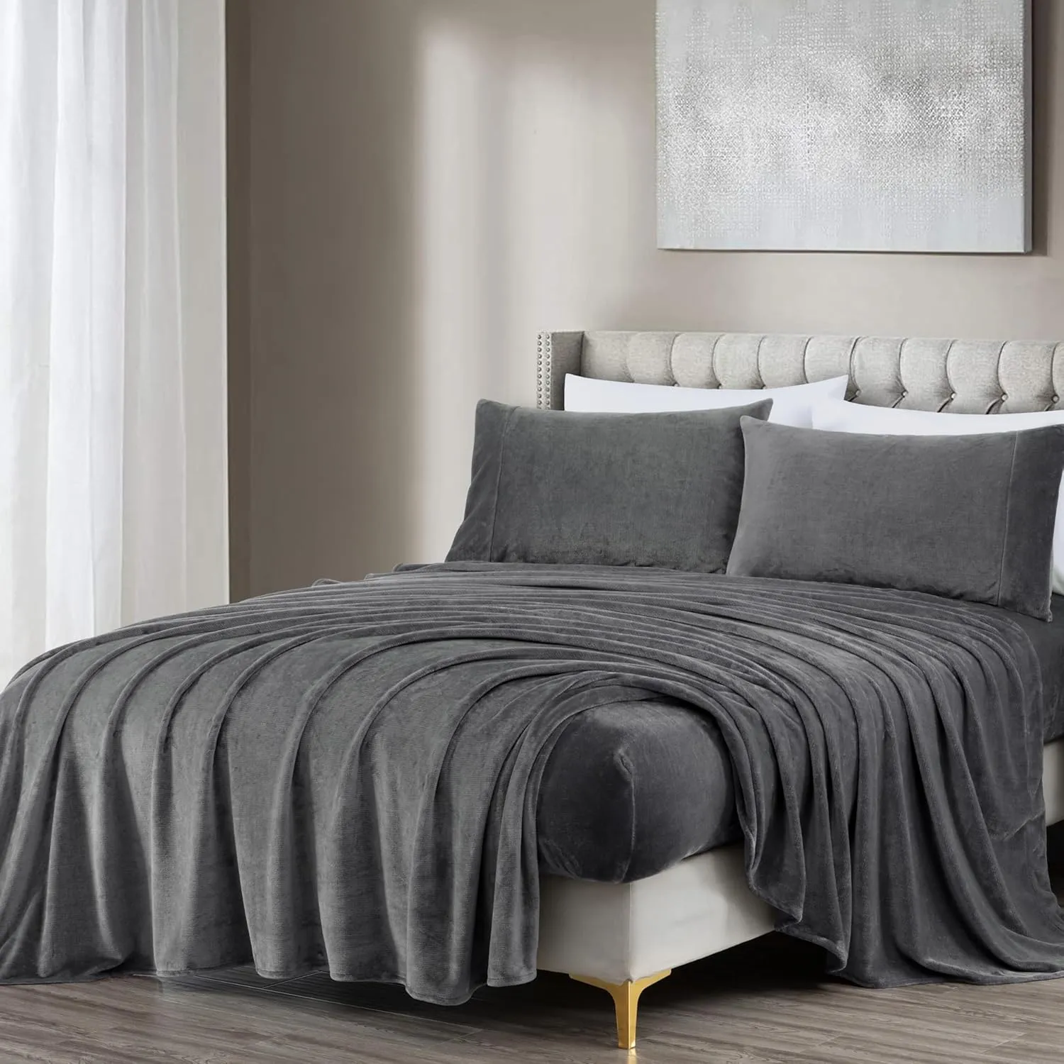 Chezmoi Collection Extra Soft Fleece Sheet Set Queen, Microplush Non-Pilling Velvety Bed Sheet, Deep Pocket - Lightweight All Season Warmth, Queen, Gray
