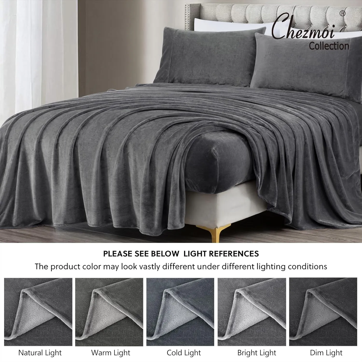 Chezmoi Collection Extra Soft Fleece Sheet Set Queen, Microplush Non-Pilling Velvety Bed Sheet, Deep Pocket - Lightweight All Season Warmth, Queen, Gray