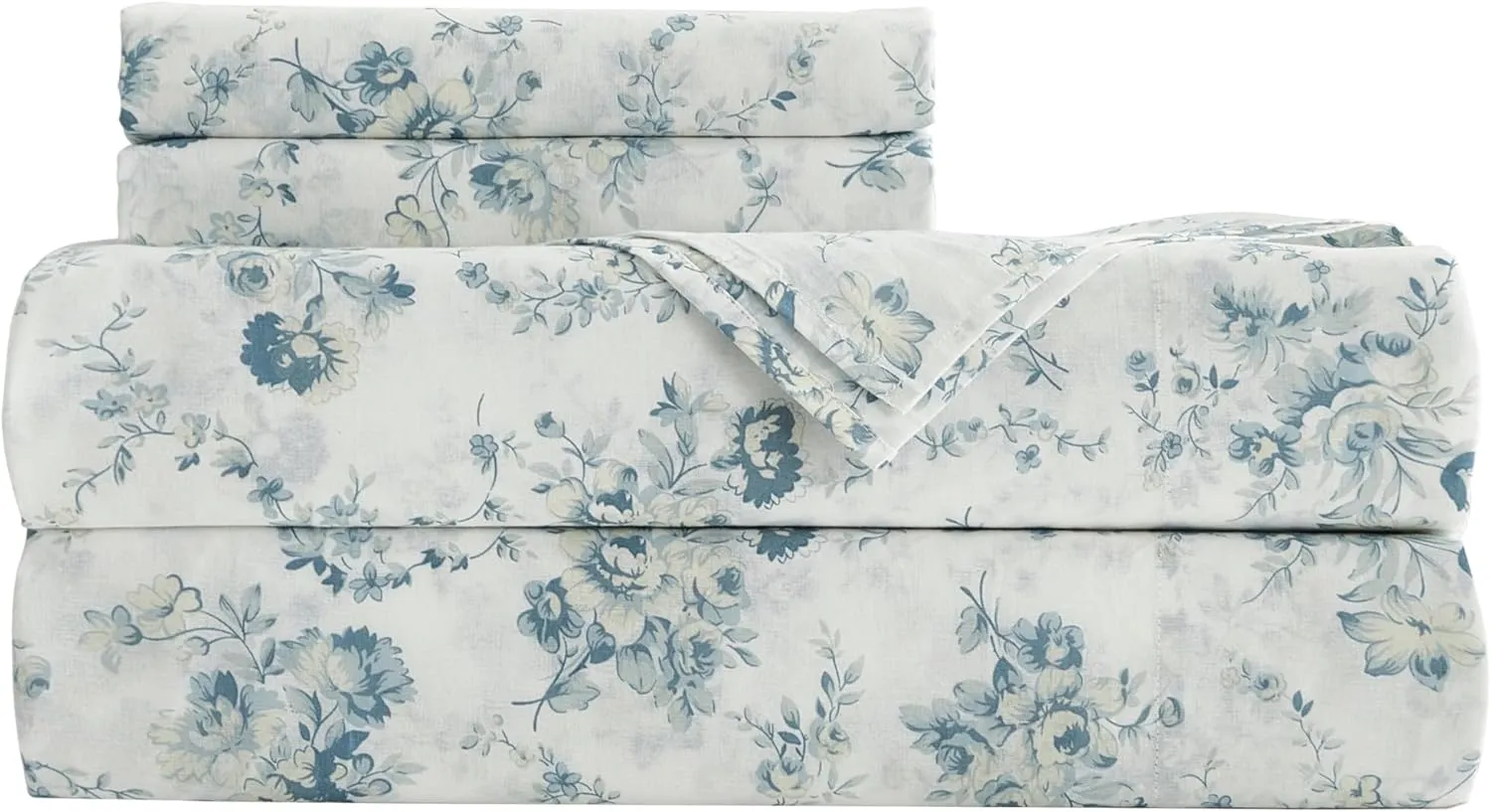Chezmoi Collection Gigi 4-Piece Floral Cotton Sheet Set King- Elegant Blue Ivory White Floral Printed 100% Cotton Bed Sheets