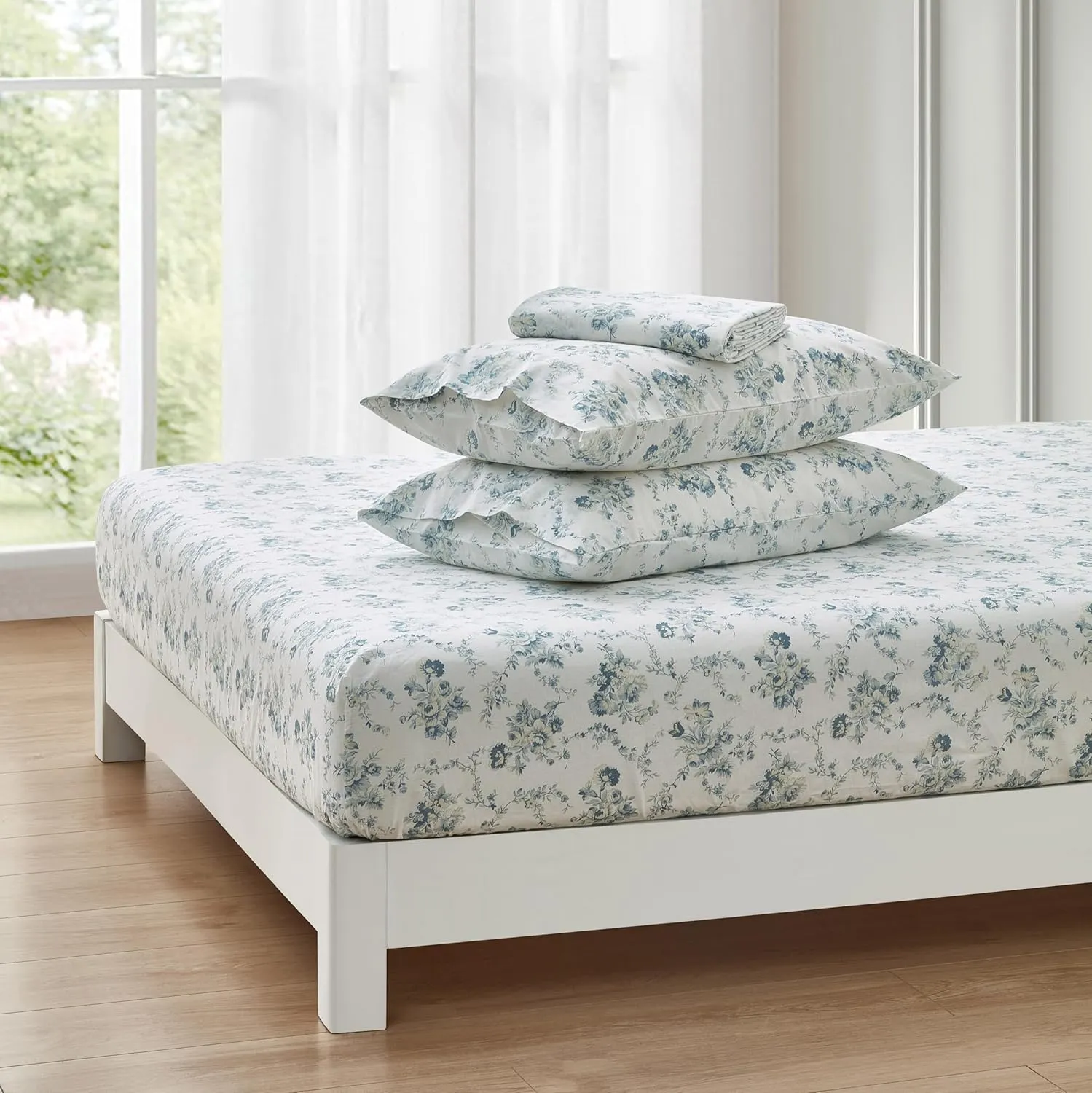 Chezmoi Collection Gigi 4-Piece Floral Cotton Sheet Set King- Elegant Blue Ivory White Floral Printed 100% Cotton Bed Sheets
