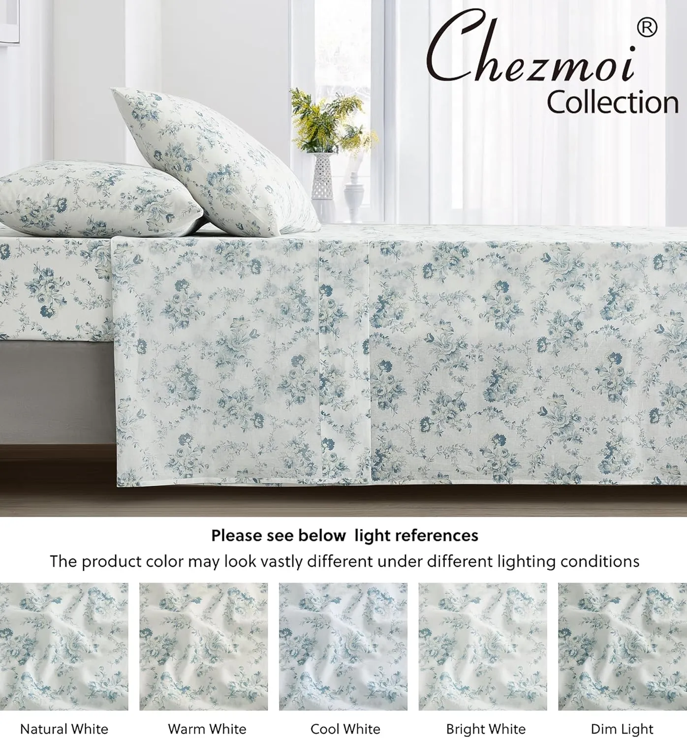Chezmoi Collection Gigi 4-Piece Floral Cotton Sheet Set King- Elegant Blue Ivory White Floral Printed 100% Cotton Bed Sheets