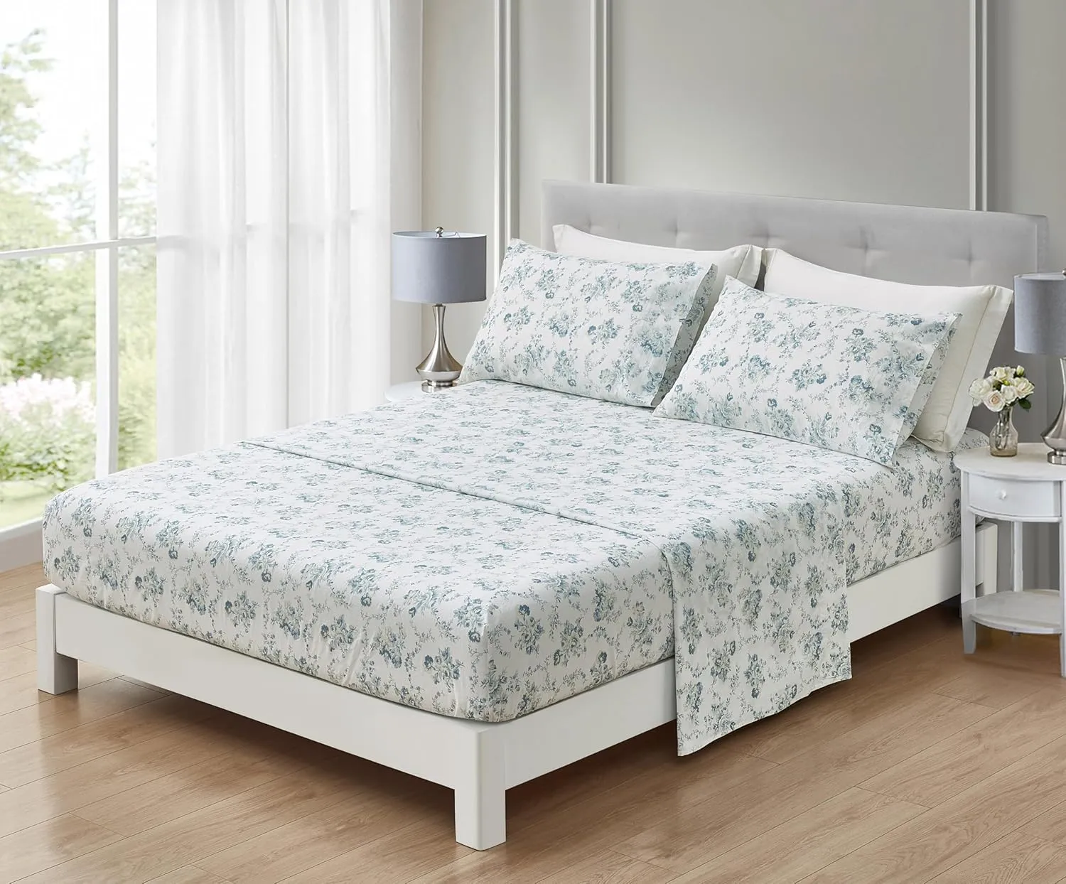 Chezmoi Collection Gigi 4-Piece Floral Cotton Sheet Set King- Elegant Blue Ivory White Floral Printed 100% Cotton Bed Sheets