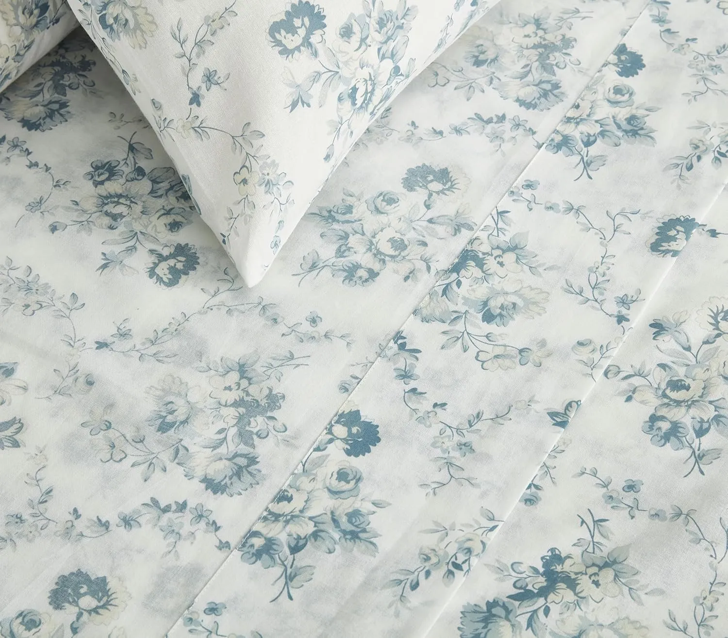 Chezmoi Collection Gigi 4-Piece Floral Cotton Sheet Set King- Elegant Blue Ivory White Floral Printed 100% Cotton Bed Sheets