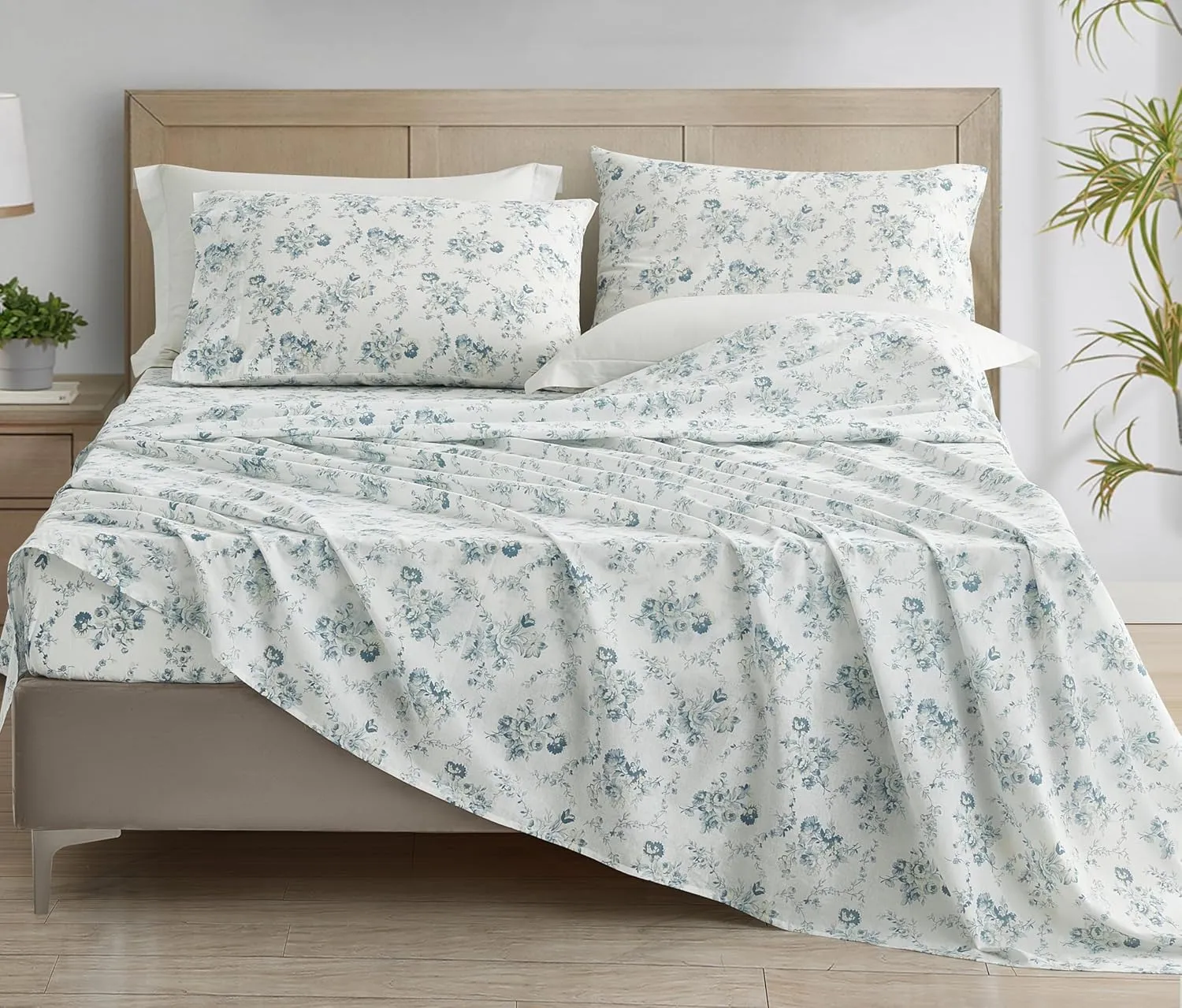 Chezmoi Collection Gigi 4-Piece Floral Cotton Sheet Set King- Elegant Blue Ivory White Floral Printed 100% Cotton Bed Sheets
