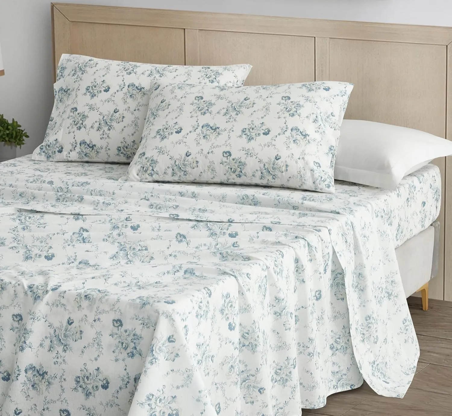 Chezmoi Collection Gigi 4-Piece Floral Cotton Sheet Set King- Elegant Blue Ivory White Floral Printed 100% Cotton Bed Sheets