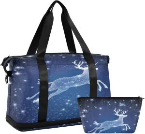Christmas Reindeer Blue Duffel Bag Lightweight Carry On Gym Bags for Travel and Weekends, Versatile Overnight Bag with Shoe Compartment