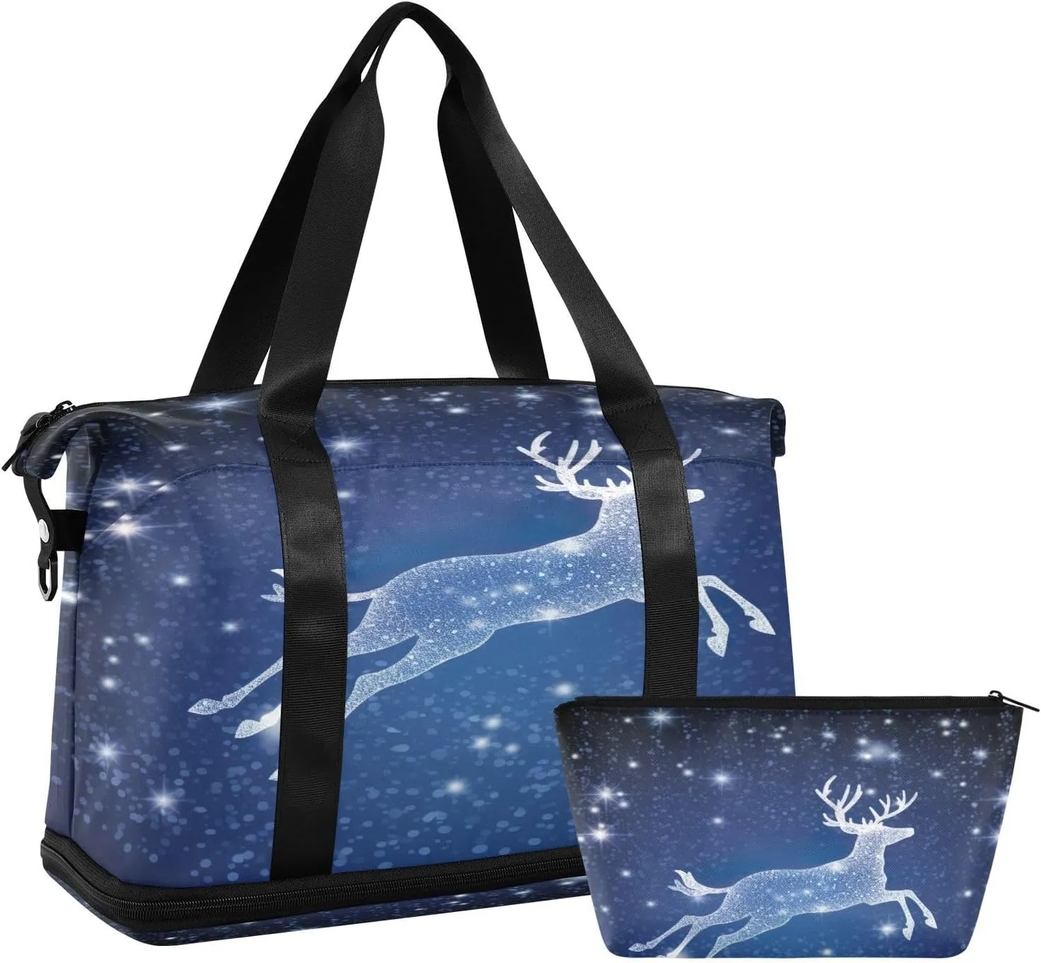 Christmas Reindeer Blue Duffel Bag Lightweight Carry On Gym Bags for Travel and Weekends, Versatile Overnight Bag with Shoe Compartment