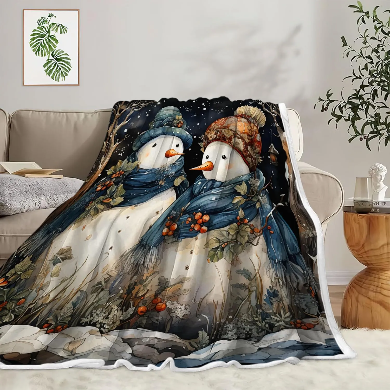 Christmas Snowman Throw Blanket, Winter Xmas Snowman in Snowy Forest Cozy Fuzzy Flannel Blankets and Throws, Snowflake Christmas Couch Sofa Bed Camping Travel Picnic Outdoor Blanket, 50X60IN